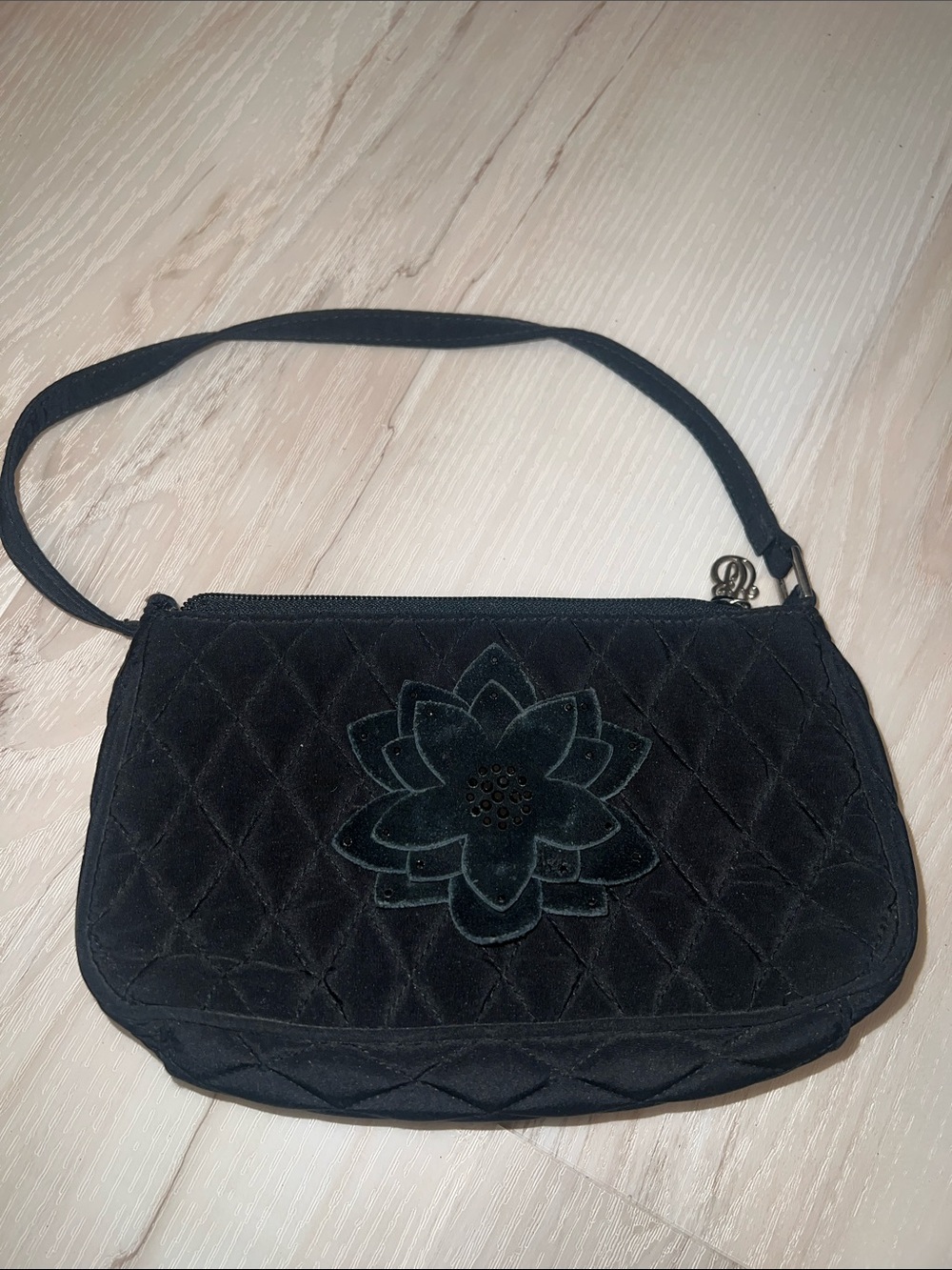Vera Bradley Quilted Black Velvet Shoulder Bag with Floral Appliqué